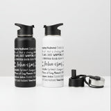 Two water bottles with text design on a white background
